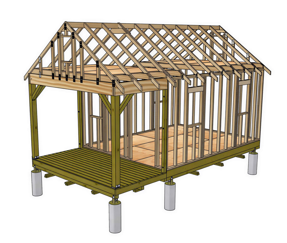 Framing view of shedking's 12' wide x 16' Gable Shed w/Porch Plans