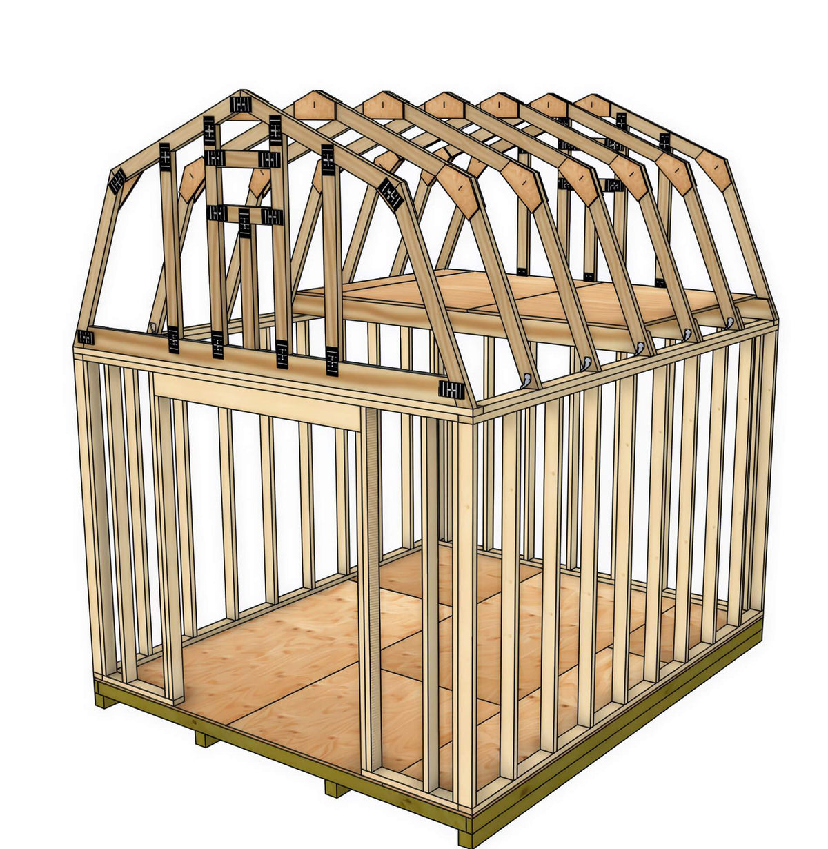 Framing view of shedking's 10' wide x 12' long Barn Shed Plans