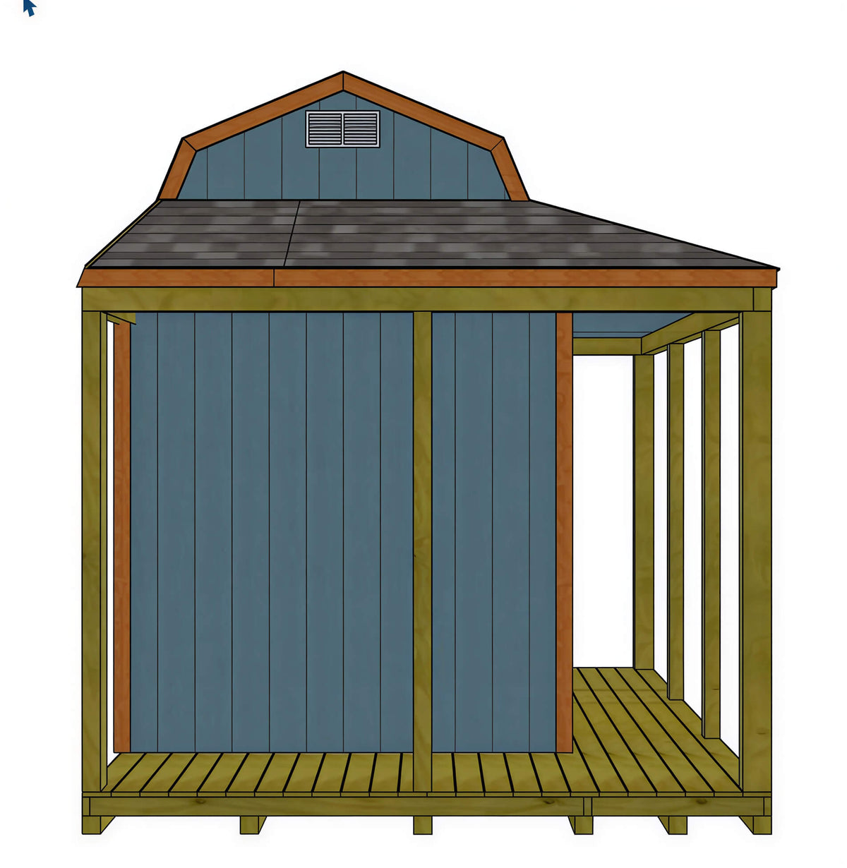 Blue wood shed with a gambrel roof, grey shingles, and a covered porch with a wood deck.