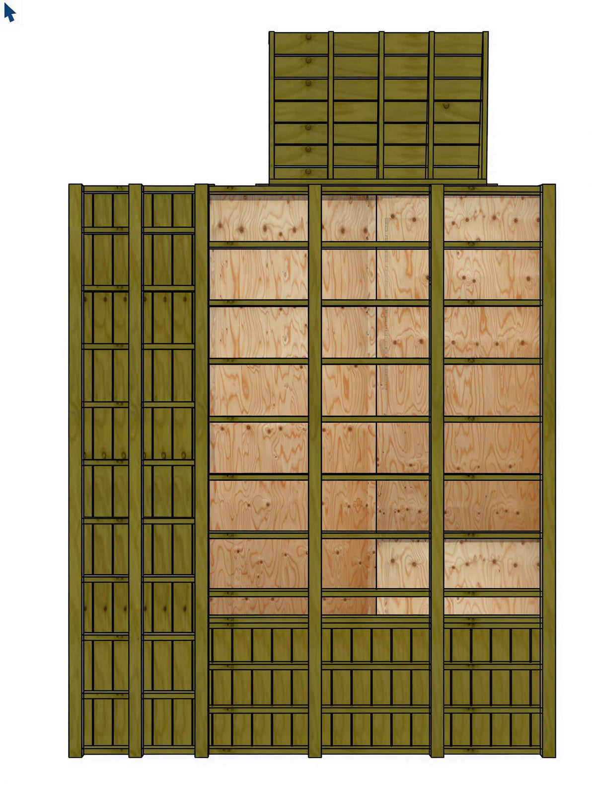 Green and wood grain digital architectural drawing of a shed frame and wall panels for a Sergio Banda Custom Shed Plan.