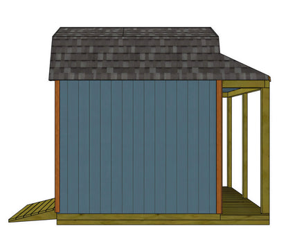 Side view of a blue wood shed with a grey shingle roof, a small ramp, and an attached open porch with wood pillars.