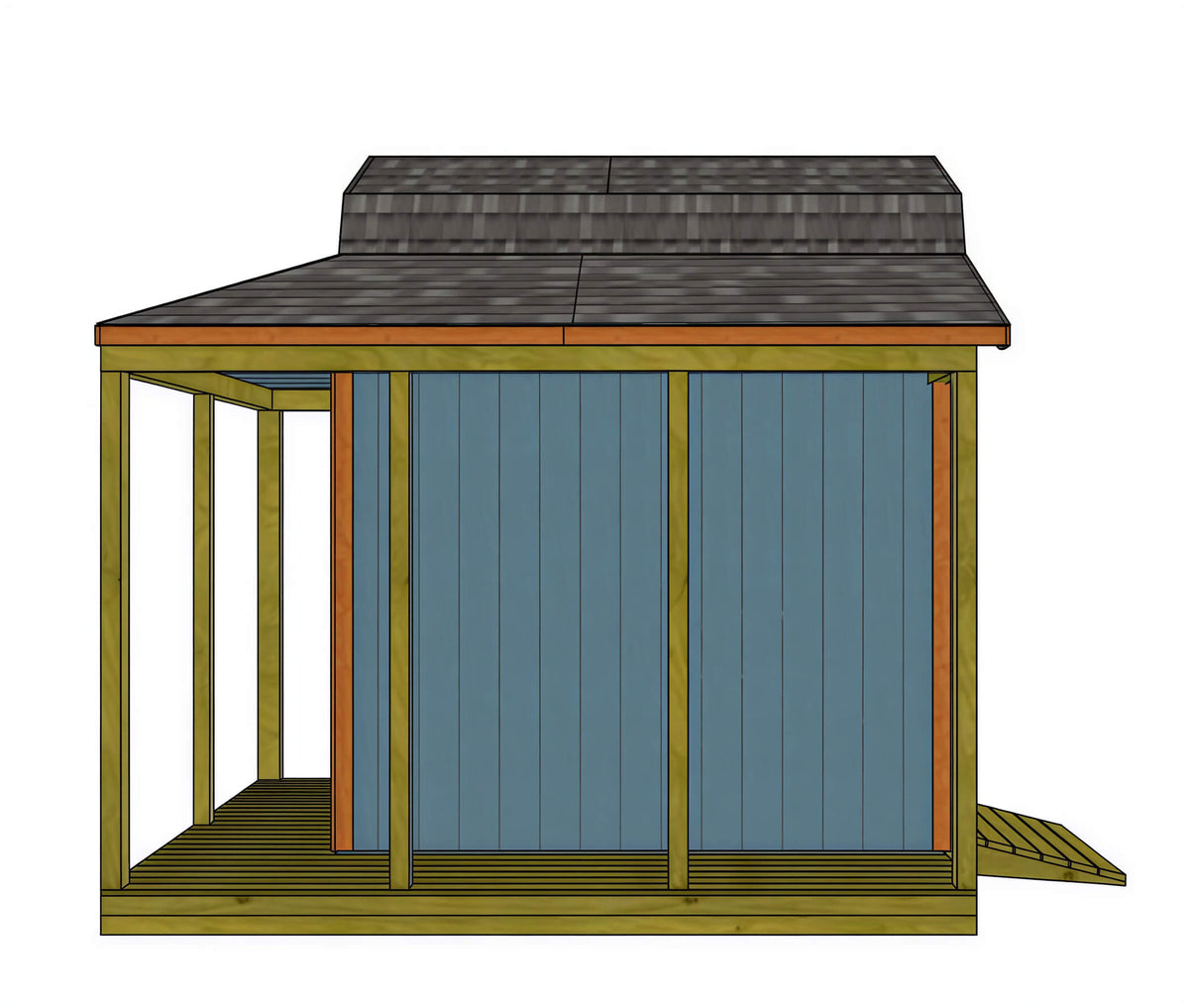 Blue wood shed with a grey shingle roof, wood porch, and side ramp for Sergio Banda Custom Shed Plan.