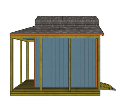 Blue wood shed with a grey shingle roof, wood porch, and side ramp for Sergio Banda Custom Shed Plan.