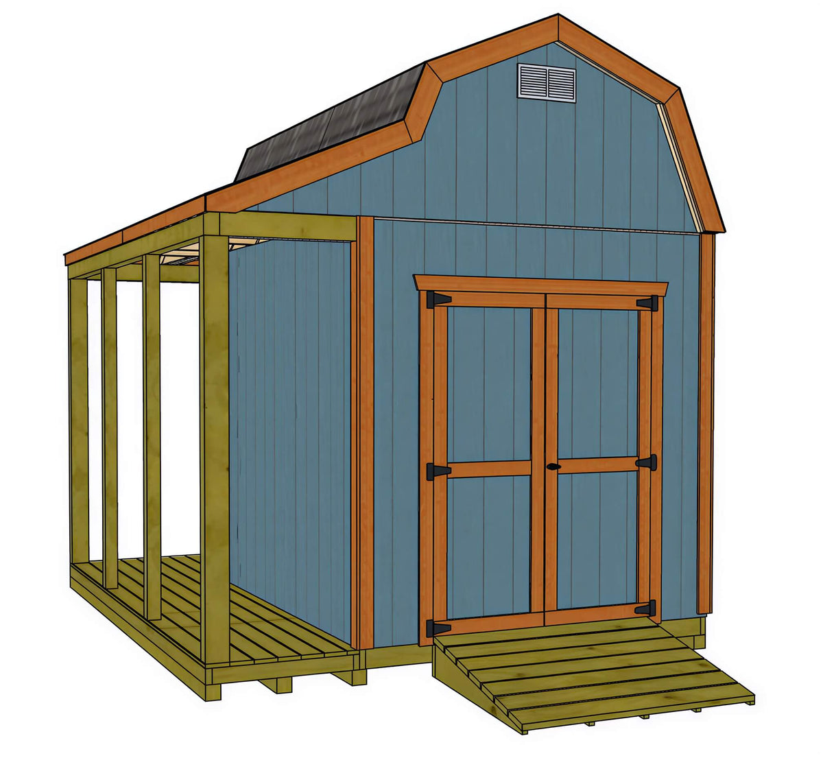 Blue wooden barn-style shed with a gambrel roof, double doors, a side porch, and a front ramp.
