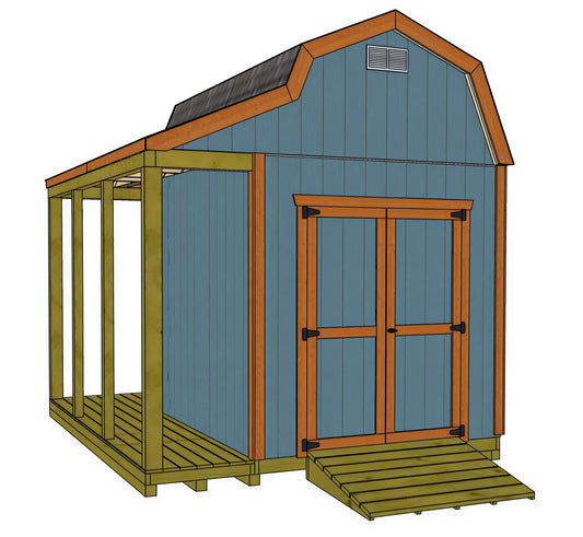 Blue wooden barn-style shed with a gambrel roof, double doors, a side porch, and a front ramp.